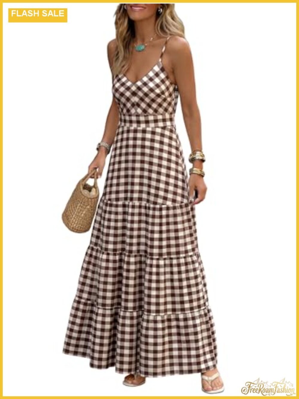 Gingham Striped Flowy Spaghetti Strap Maxi Dress Sleeveless Pockets